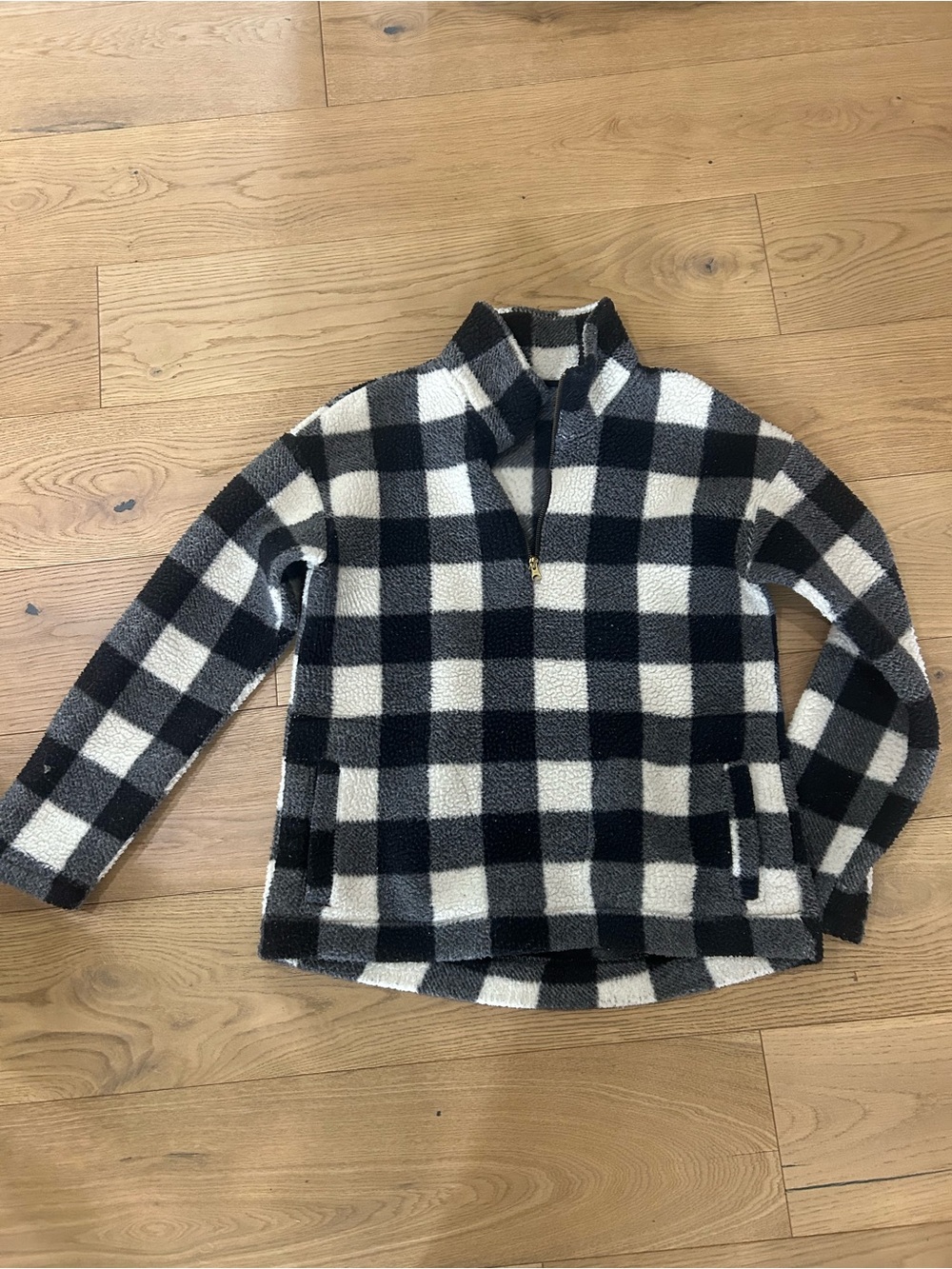 Old Navy Black and White Buffalo Check Sherpa Half-Zip Pullover